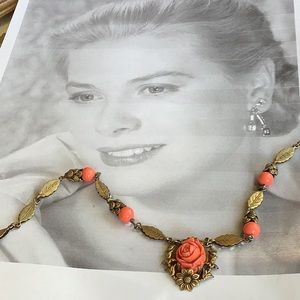 ANTIQUE BRASS 1950s Filigree Celluloid Carved Coral Rose & Leaf Choker Necklace